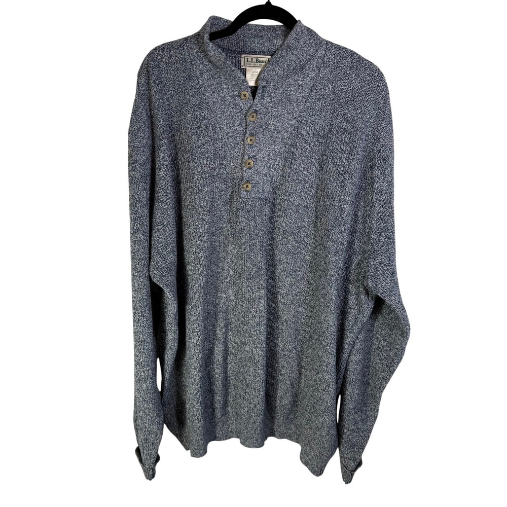 LL Bean Mens 2X-Long Blue Marled Cotton Henley Mock Neck Sweater Made in USA